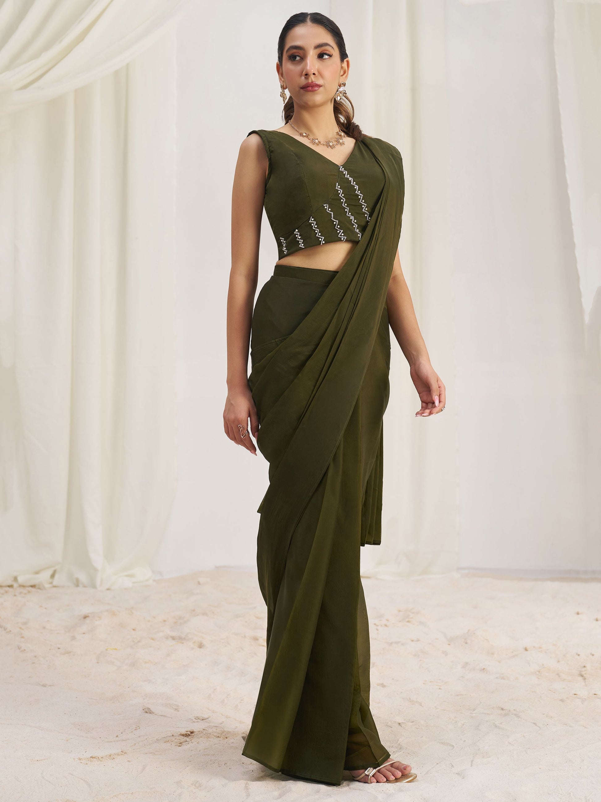 Olive color organza color saree with blouse online shopping