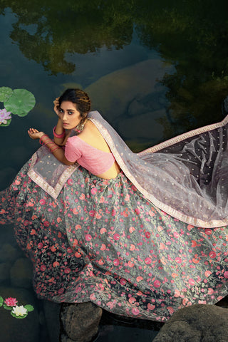 soft net grey lehenga pink blouse combination