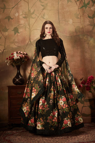 Organza and georgette black color lehenga choli with dupatta