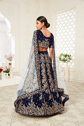 velvet navy blue lehenga for reception function