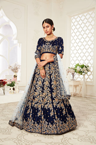 velvet navy blue lehenga With Sky Blue Dupatta