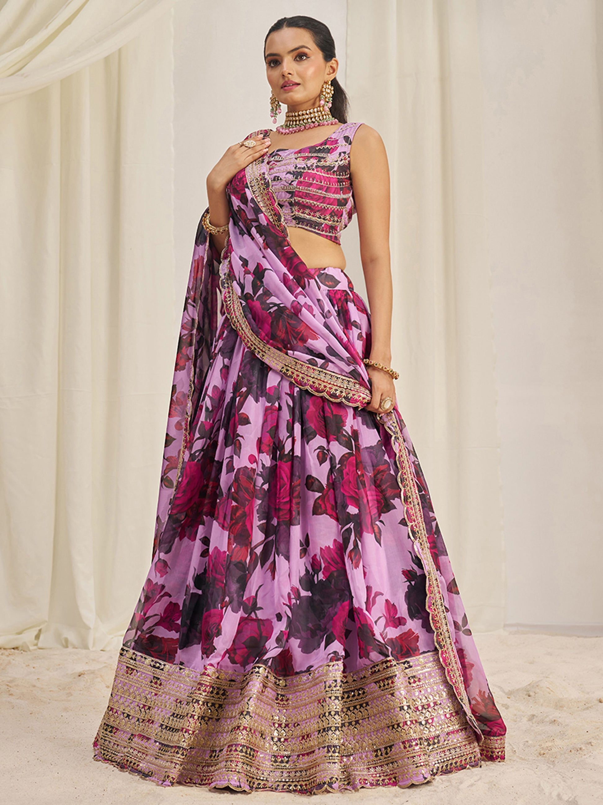 Pink organza lehenga choli with dupatta online
