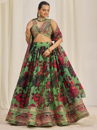 Green organza lehenga choli with dupatta online
