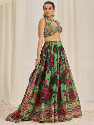 Green organza lehenga choli with dupatta online shopping
