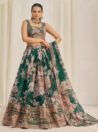 Dark green organza lehenga choli with dupatta online shopping
