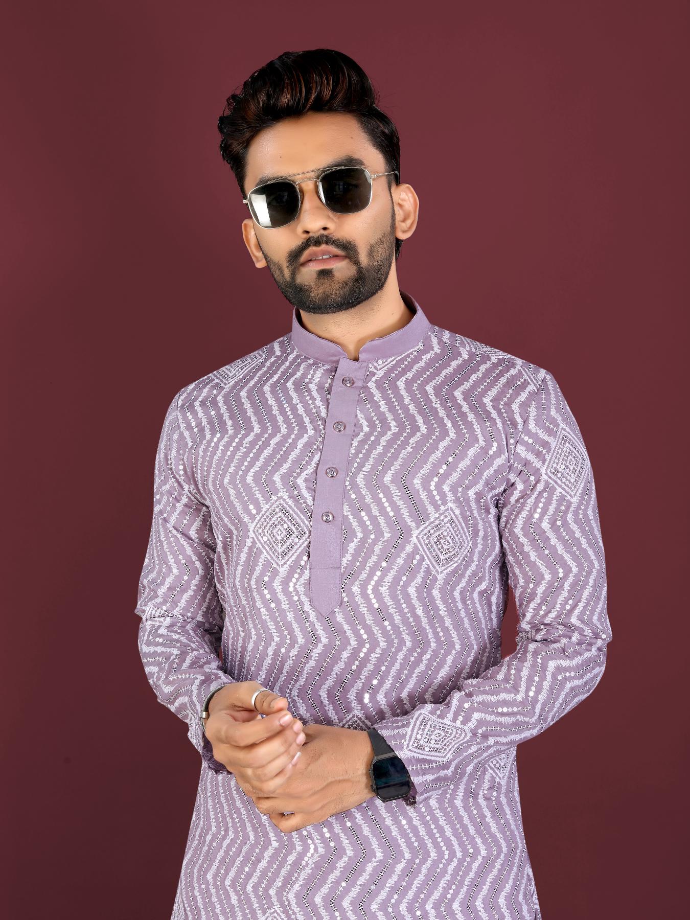 embroidery on Light Purple or Lavender Kurta fabric targeting men's fashion in CA