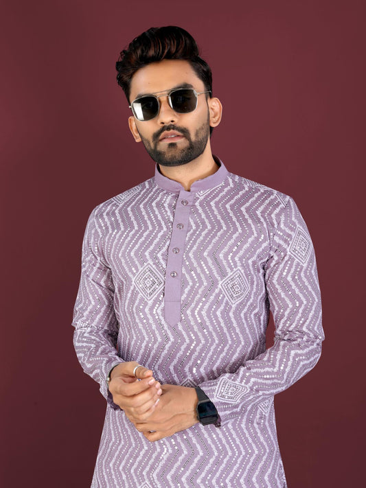 embroidery on Light Purple or Lavender Kurta fabric targeting men's fashion in CA