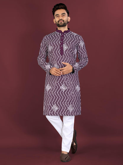 Purple Soft Silk Mens Kurta Pyjama set on a model, showing the full look. Ideal Indian wedding guest or Sangeet outfit.
