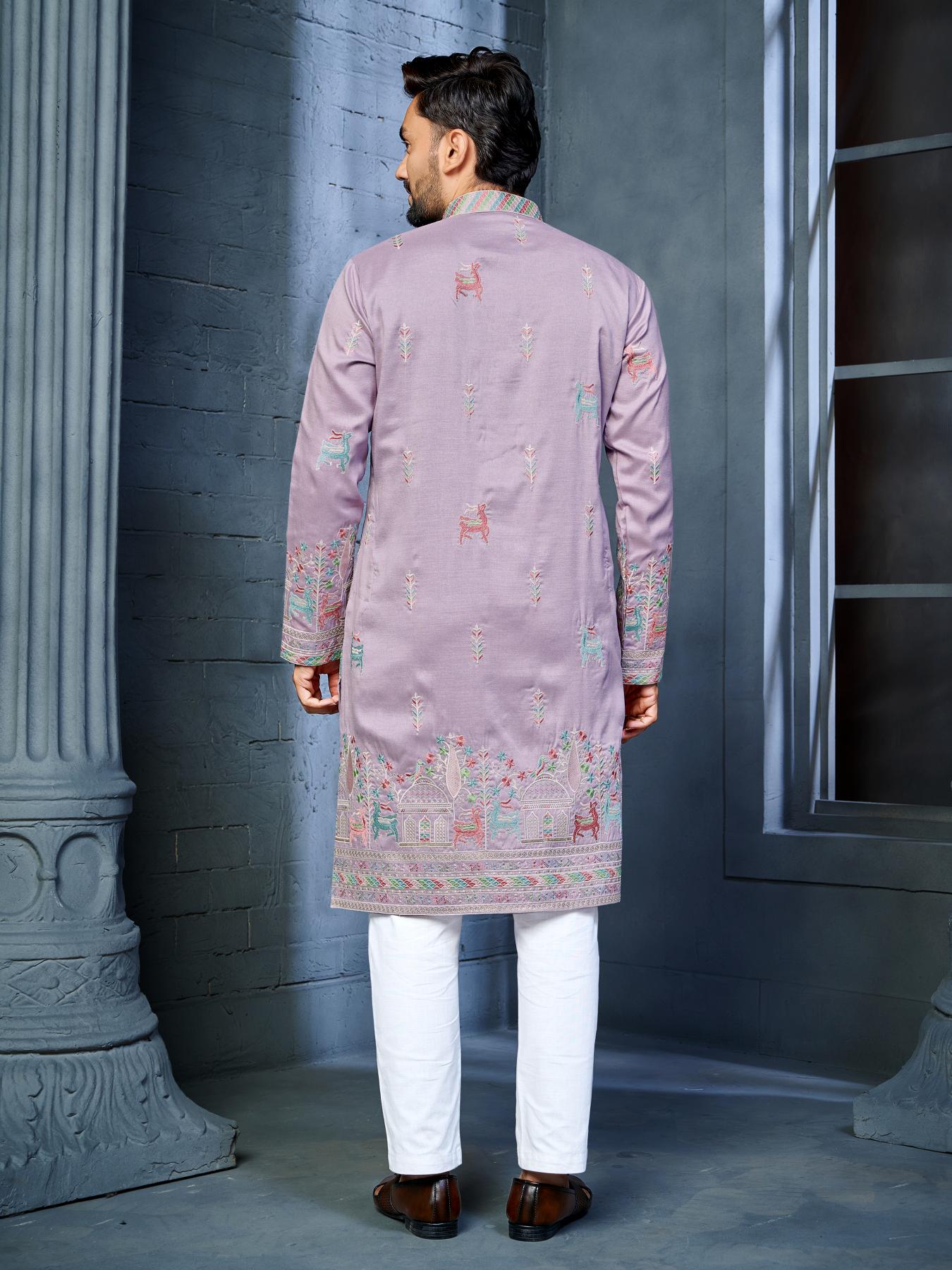 Lilac Color Indian Ethnic Mens Kurta Pajama for Wedding