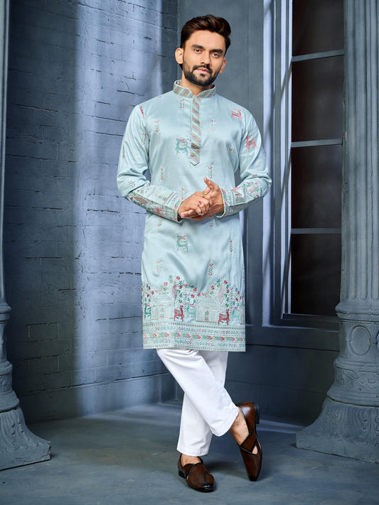 Sky Blue Silk Daman Style Mens Kurta Pajama