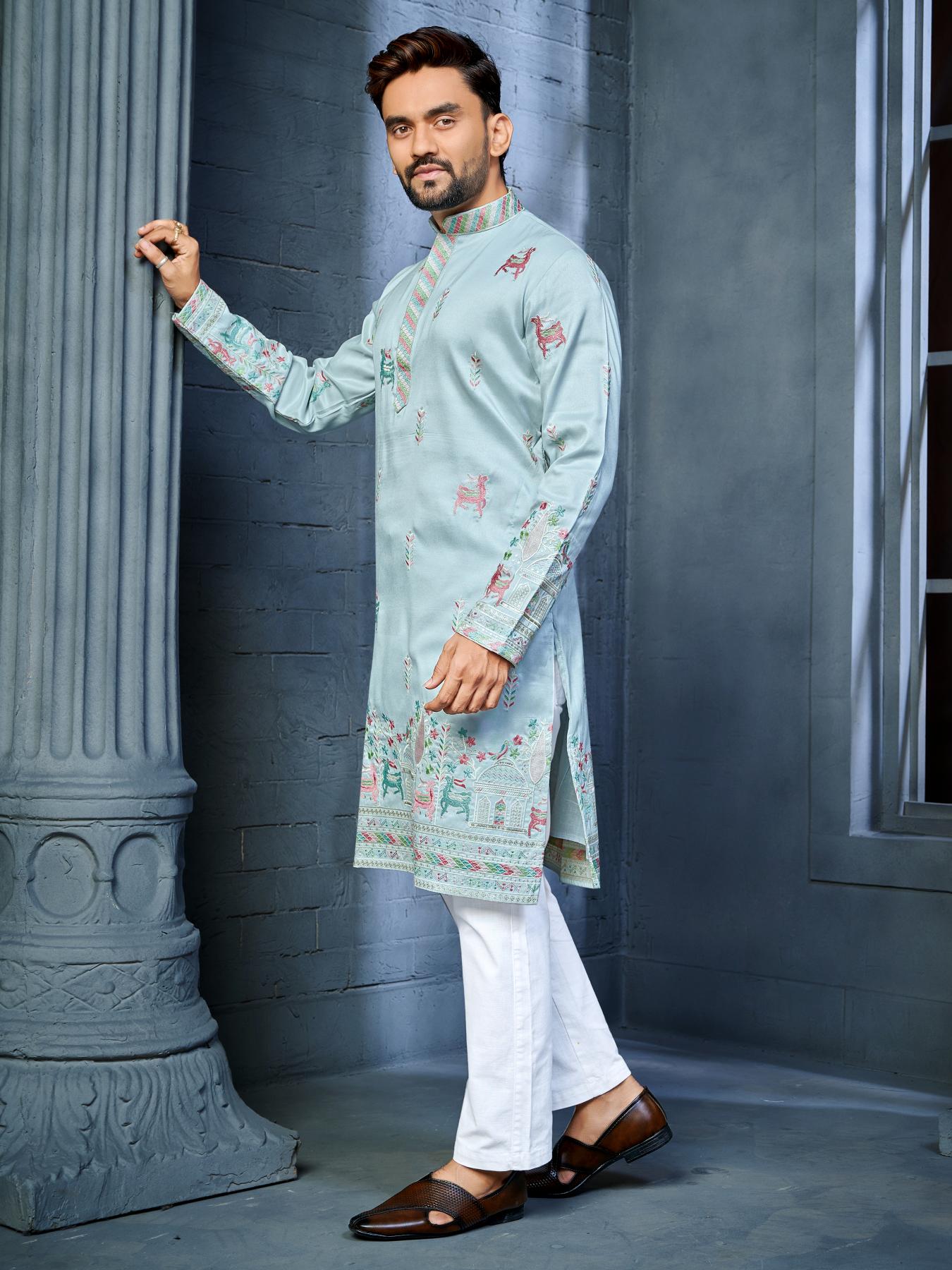 Sky Blue Silk Daman Style Mens Kurta Pajama