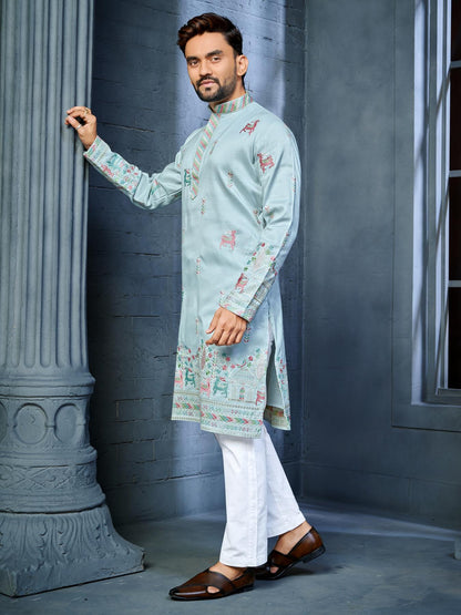 Sky Blue Silk Daman Style Mens Kurta Pajama