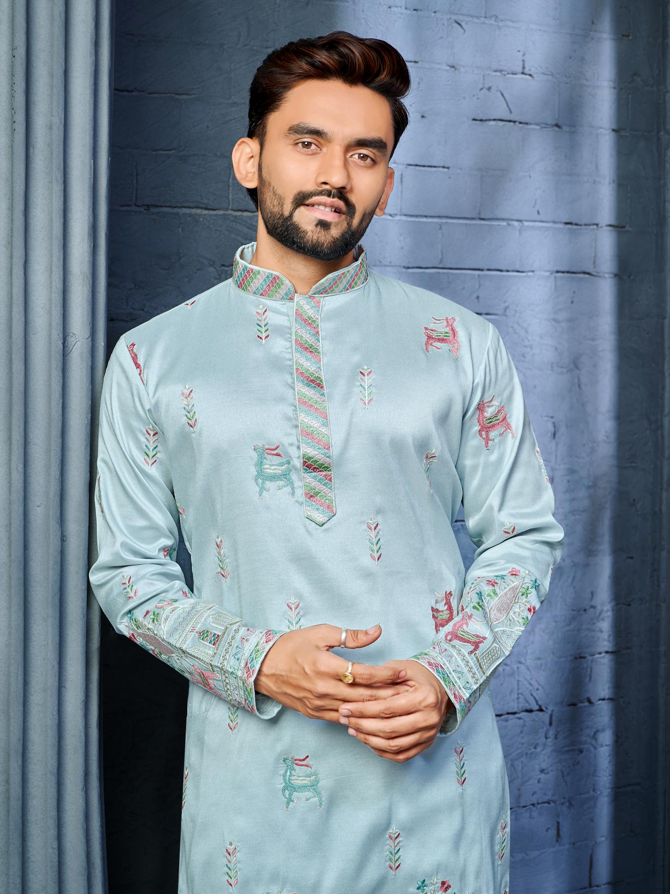 Sky Blue Silk Daman Style Mens Kurta Pajama