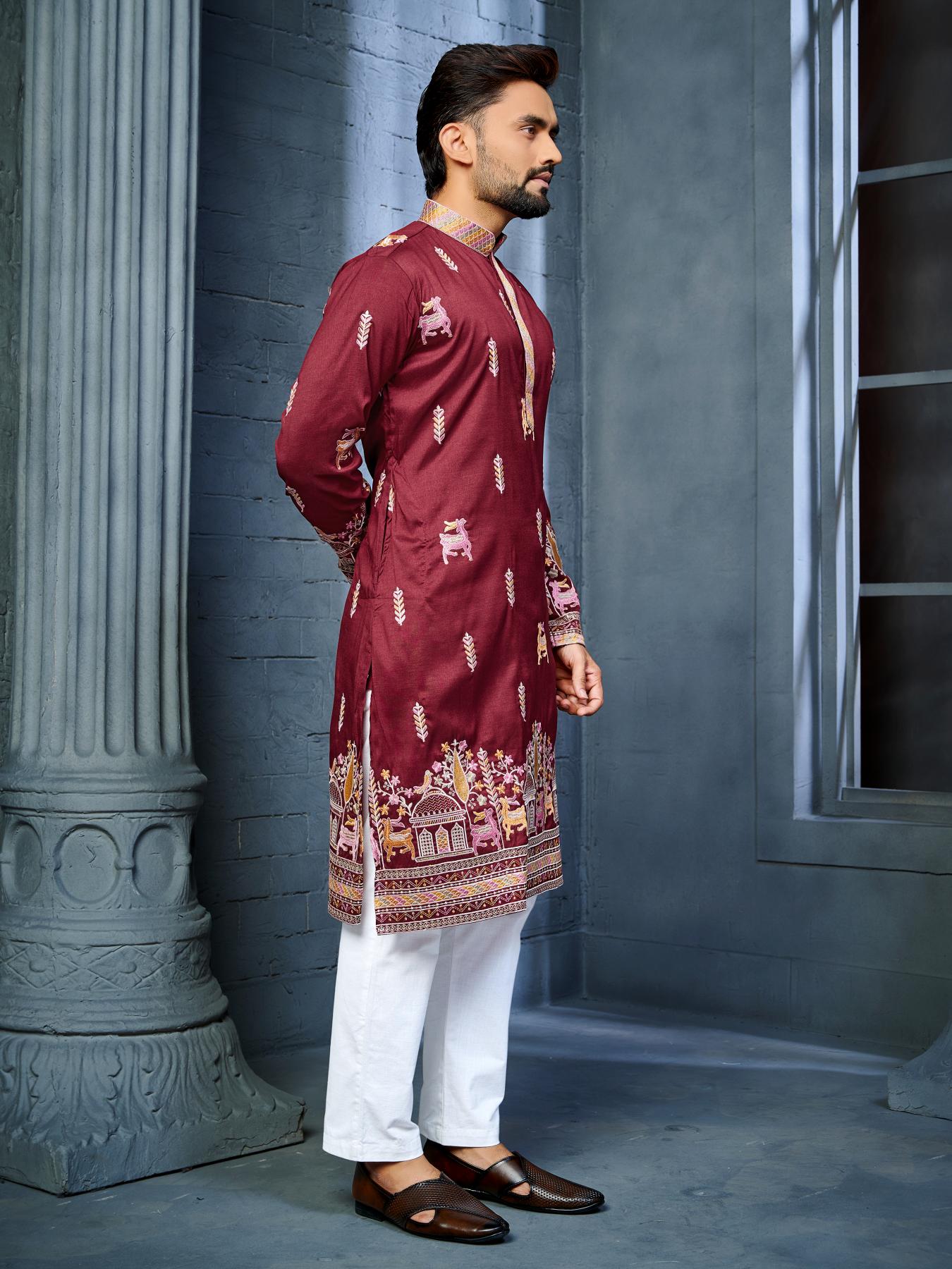 Red Silk Daman Style Indian Mens Kurta Pajama