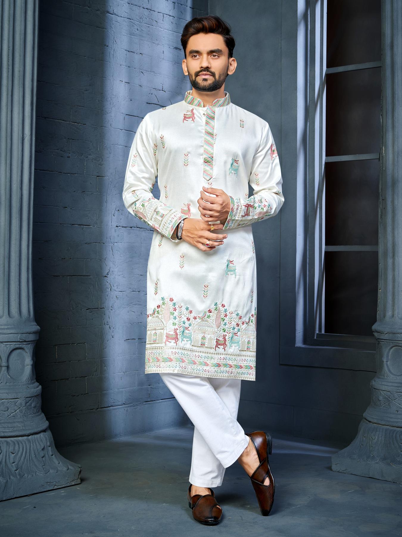 Indian Designer White Embroidered Mens Kurta Pajama
