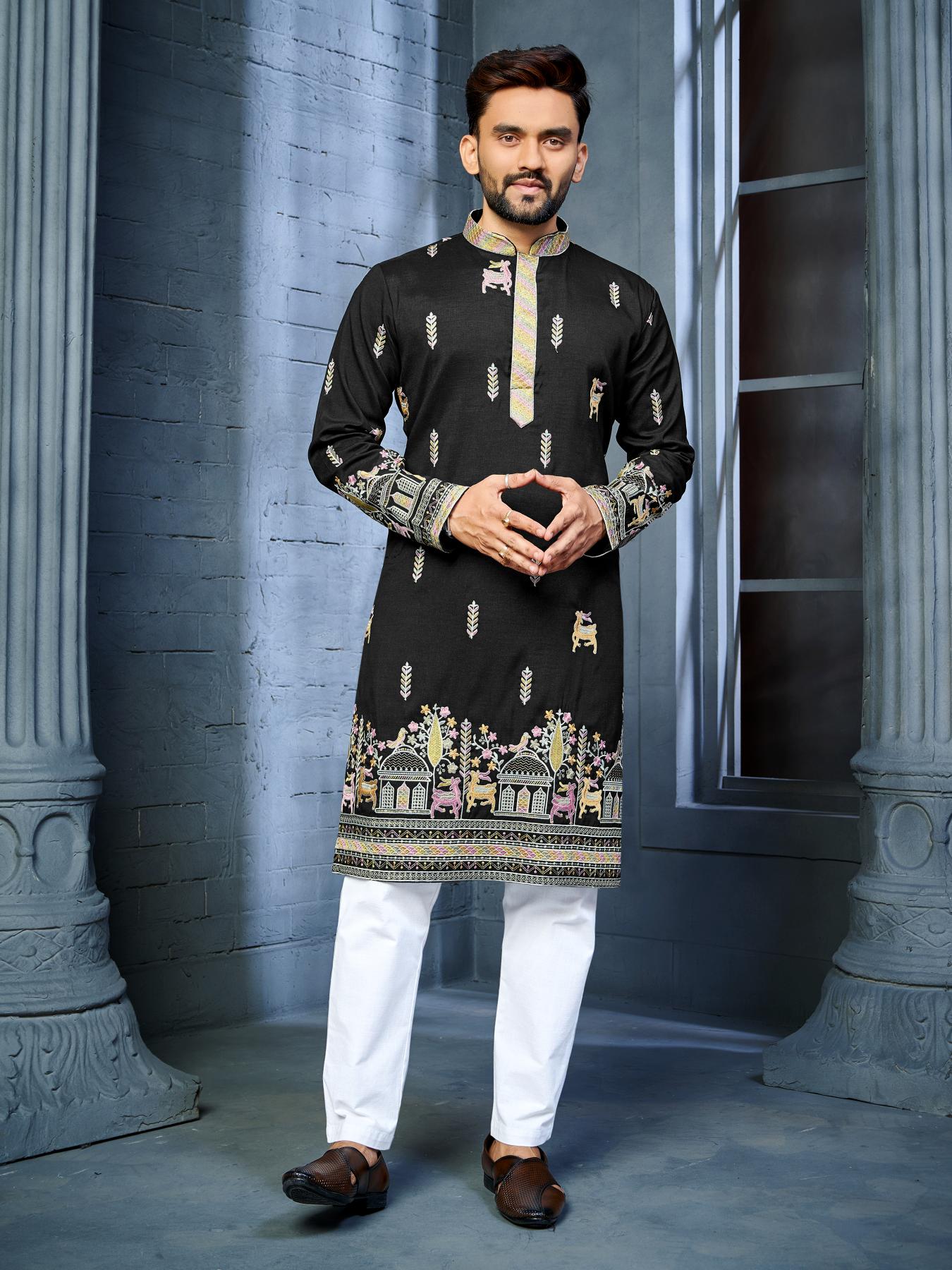 Black Silk Thread Embroidery Work Mens Kurta Pajama
