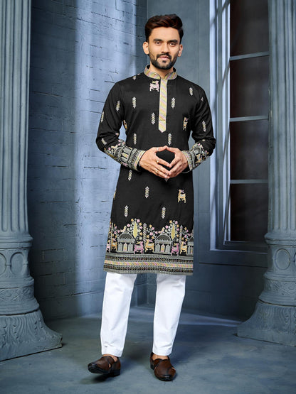 Black Silk Thread Embroidery Work Mens Kurta Pajama