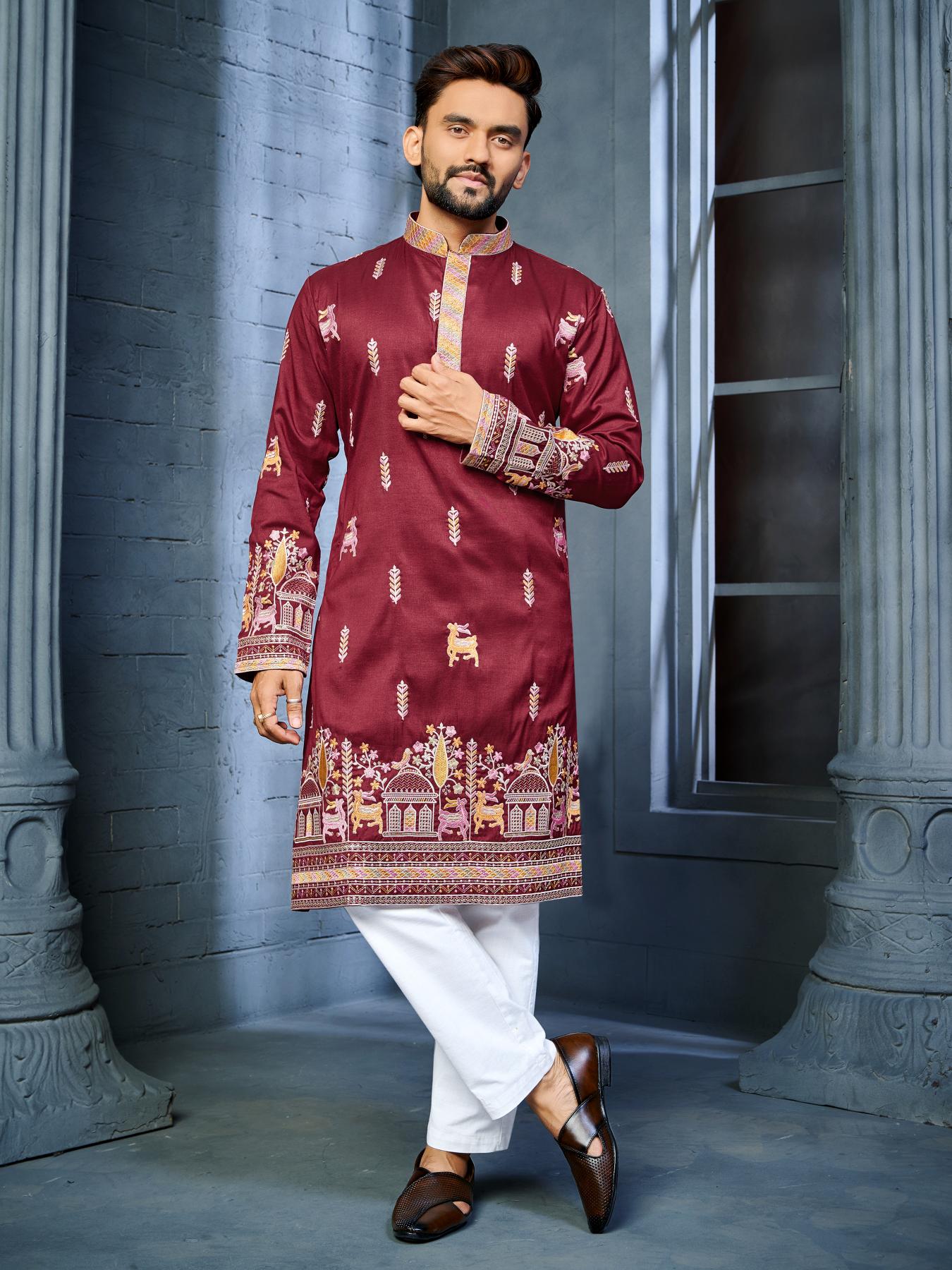 Red Silk Daman Style Indian Mens Kurta Pajama