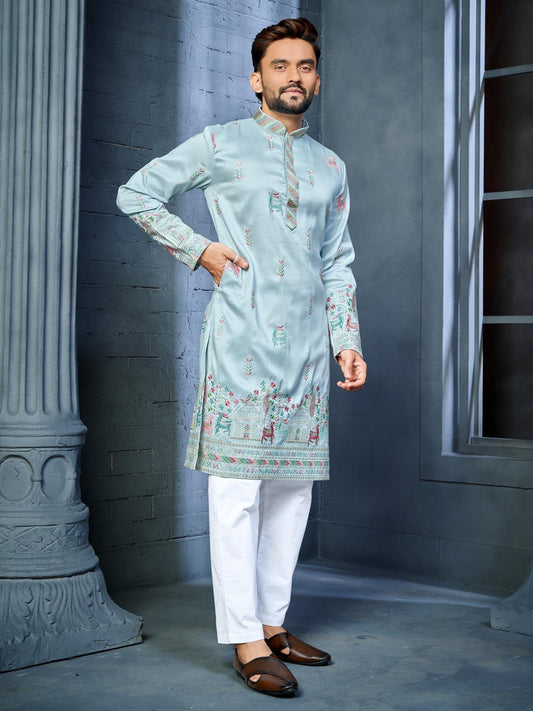 Sky Blue Silk Daman Style Mens Kurta Pajama
