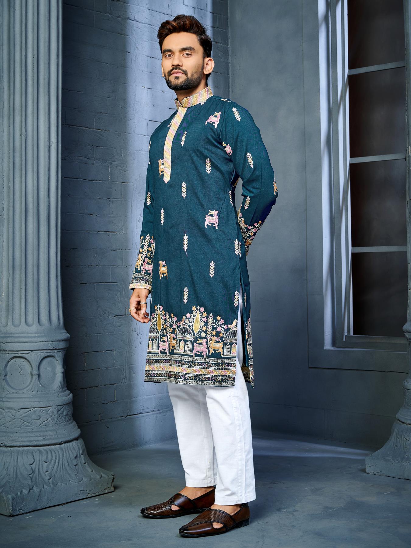 Blue Silk Readymade Embroidered Mens Kurta Pajama