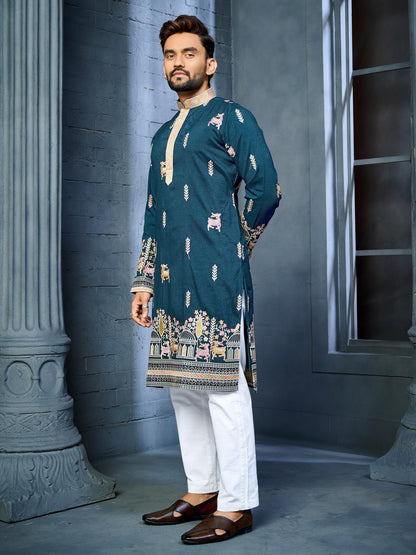 Blue Silk Readymade Embroidered Mens Kurta Pajama