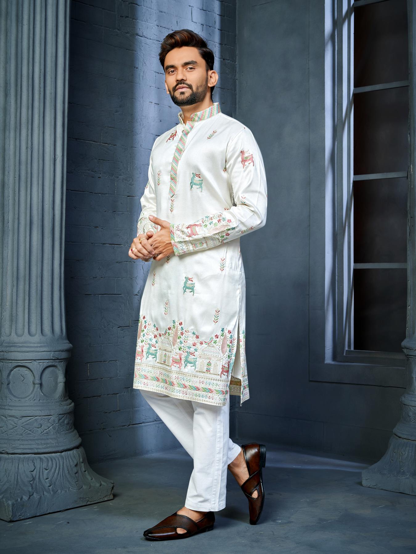 Indian Designer White Embroidered Mens Kurta Pajama