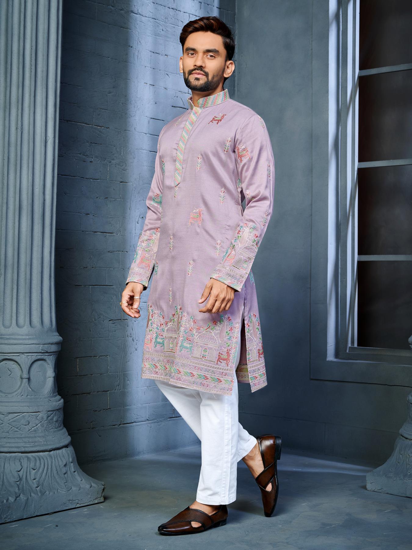 Lilac Color Indian Ethnic Mens Kurta Pajama for Wedding