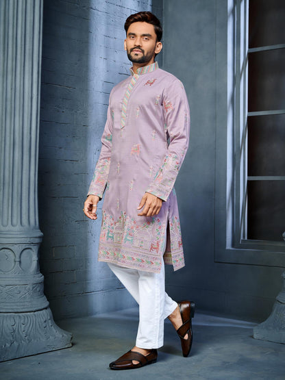 Lilac Color Indian Ethnic Mens Kurta Pajama for Wedding