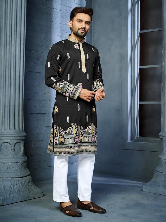 Black Silk Thread Embroidery Work Mens Kurta Pajama