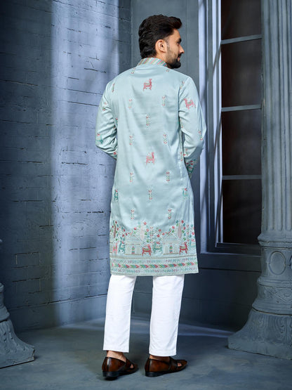 Sky Blue Silk Daman Style Mens Kurta Pajama