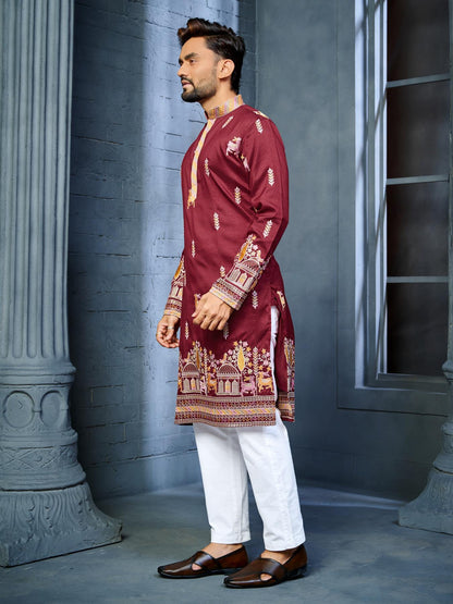 Red Silk Daman Style Indian Mens Kurta Pajama