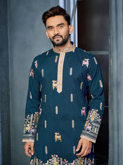Blue Silk Readymade Embroidered Mens Kurta Pajama