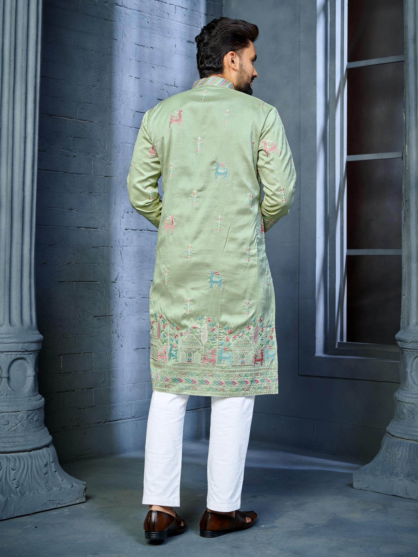 Green Silk Embroidered Wedding Mens Kurta Pajama