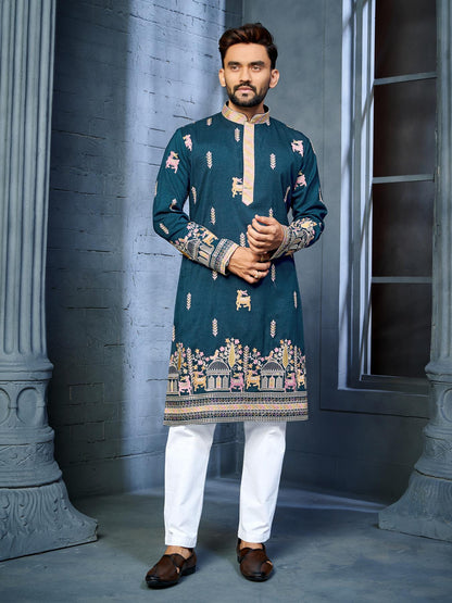 Blue Silk Readymade Embroidered Mens Kurta Pajama