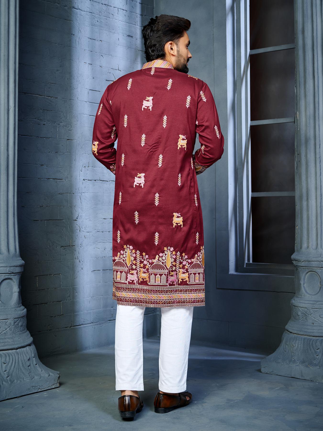 Red Silk Daman Style Indian Mens Kurta Pajama