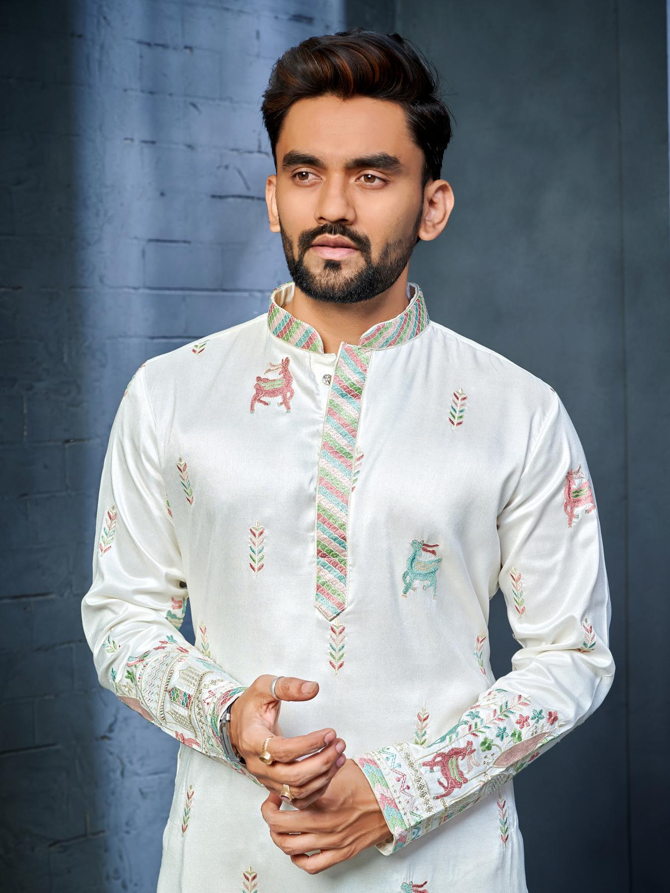 Indian Designer White Embroidered Mens Kurta Pajama