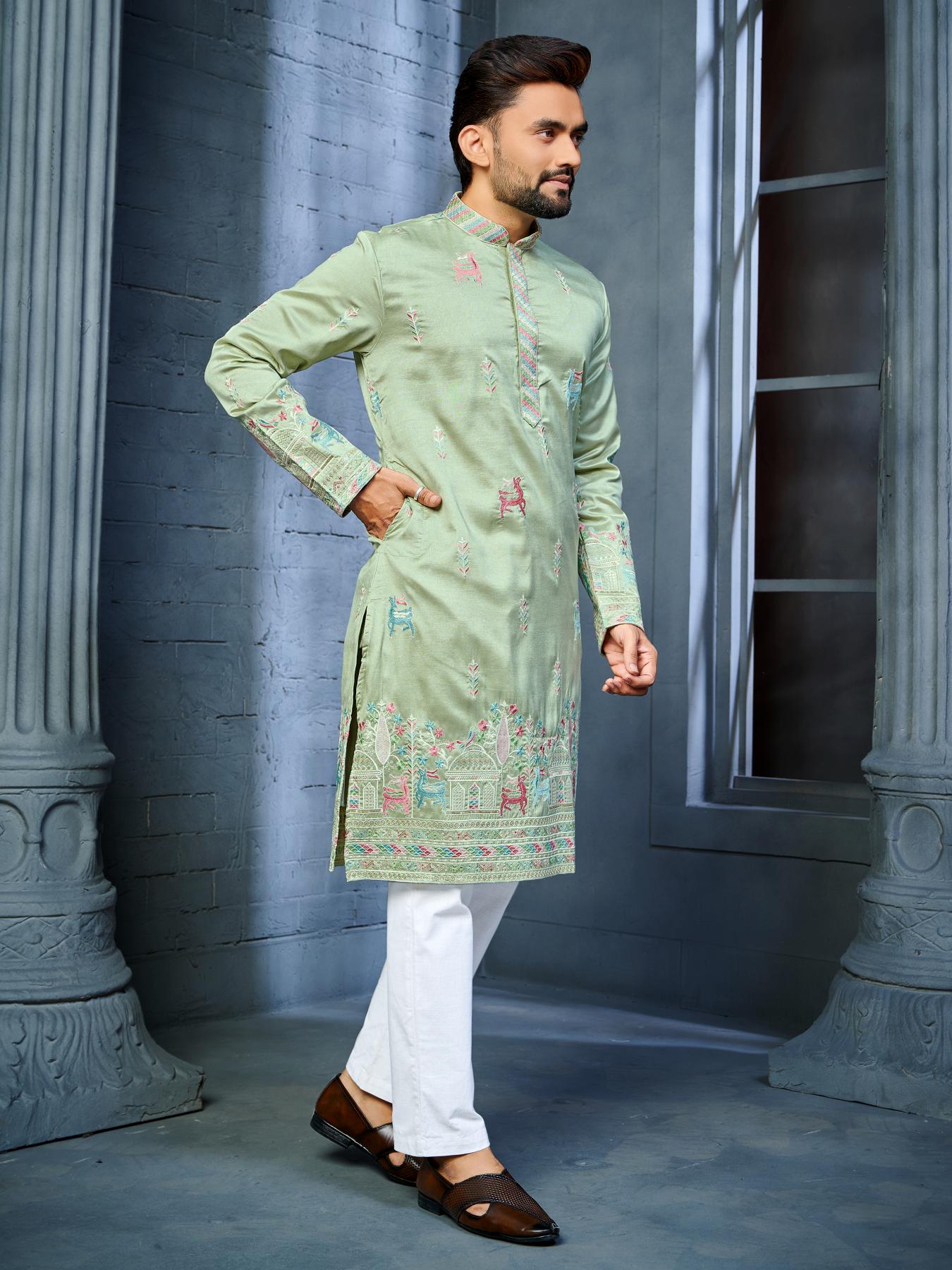 Green Silk Embroidered Wedding Mens Kurta Pajama