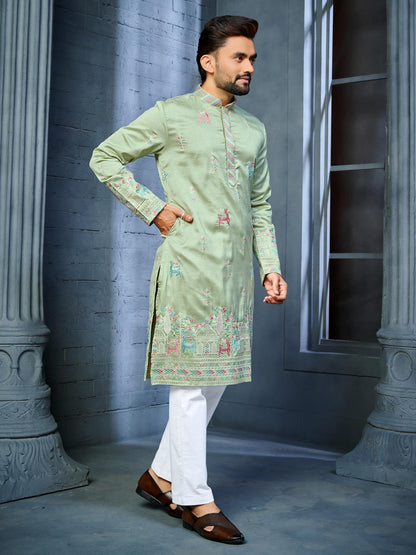 Green Silk Embroidered Wedding Mens Kurta Pajama