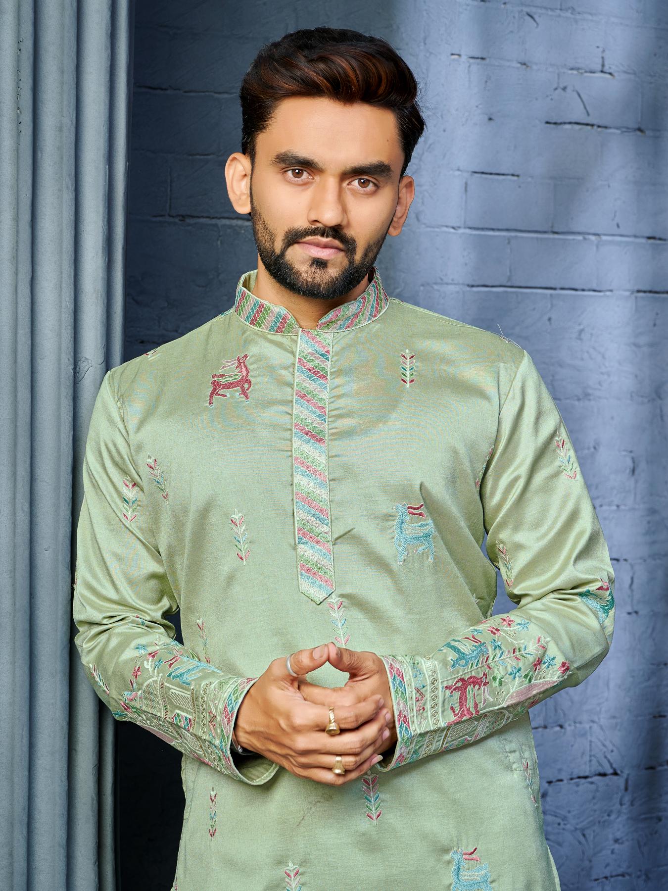 Green Silk Embroidered Wedding Mens Kurta Pajama