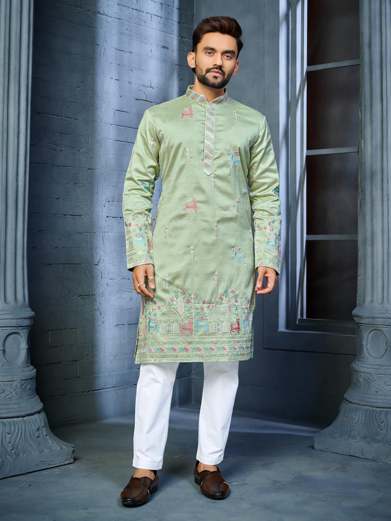 Green Silk Embroidered Wedding Mens Kurta Pajama
