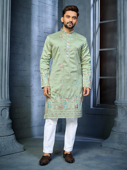 Green Silk Embroidered Wedding Mens Kurta Pajama