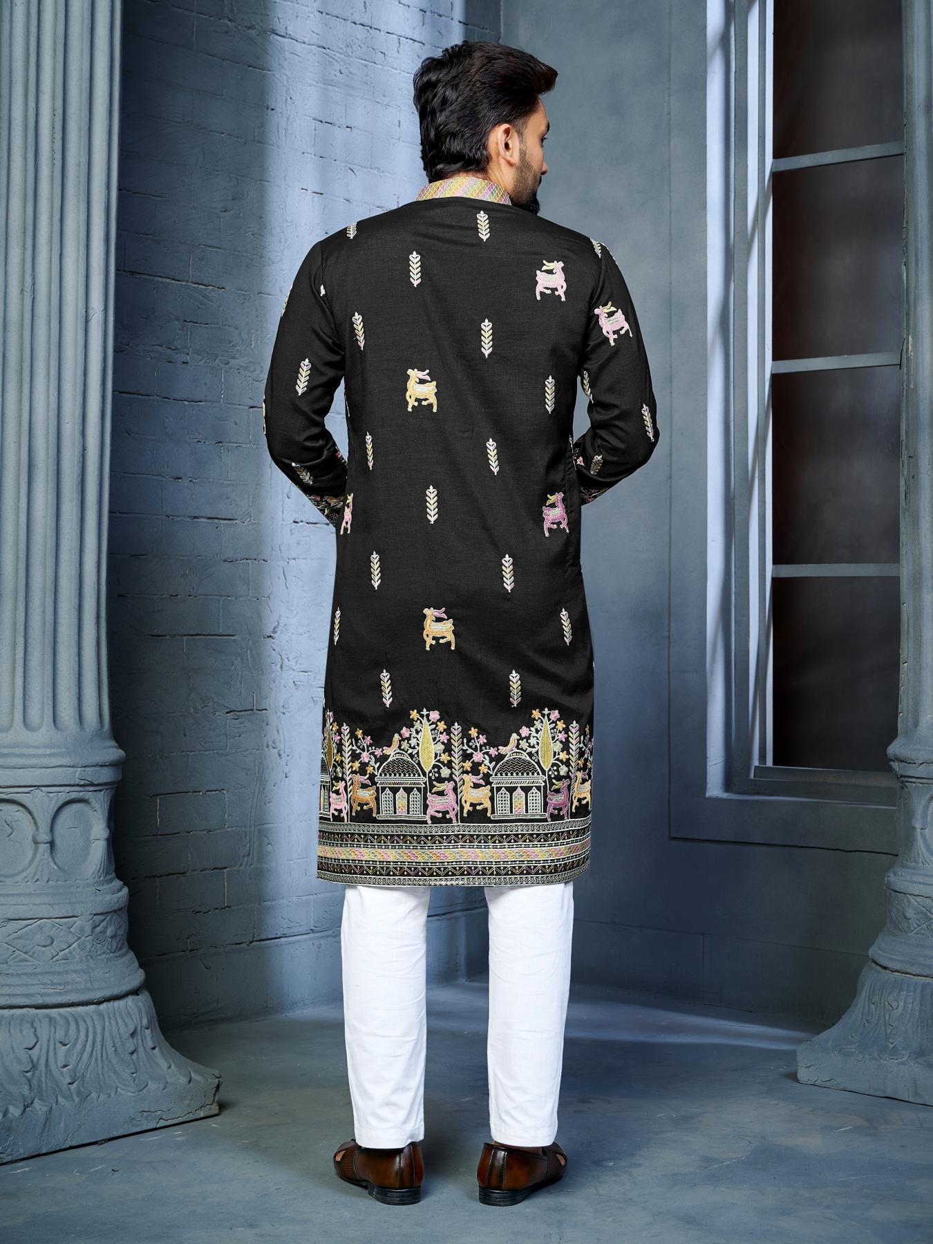 Black Silk Thread Embroidery Work Mens Kurta Pajama