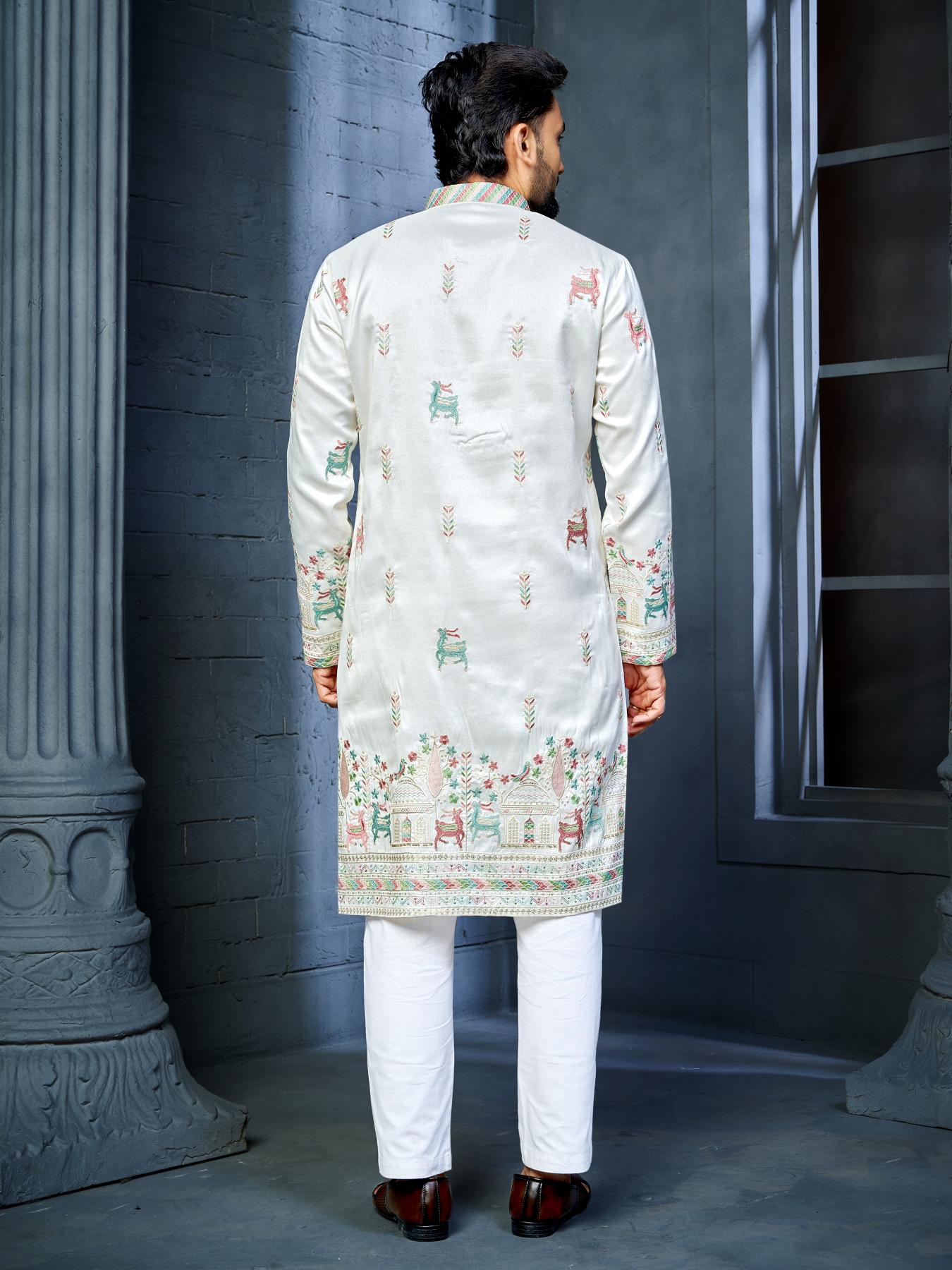 Indian Designer White Embroidered Mens Kurta Pajama