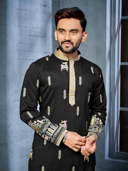 Black Silk Thread Embroidery Work Mens Kurta Pajama