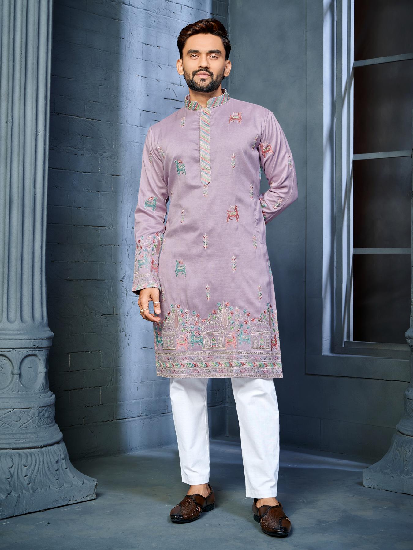 Lilac Color Indian Ethnic Mens Kurta Pajama for Wedding