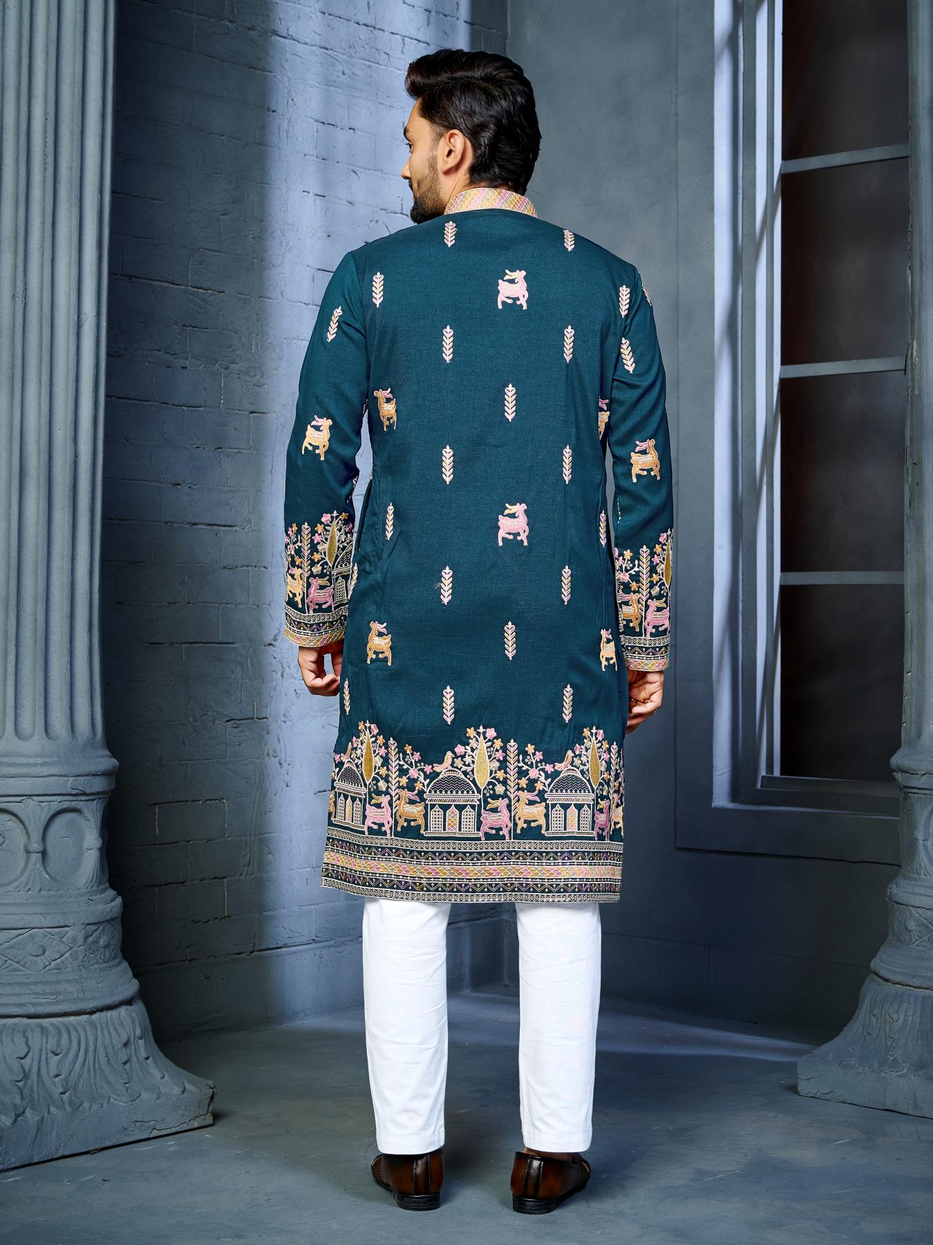 Blue Silk Readymade Embroidered Mens Kurta Pajama