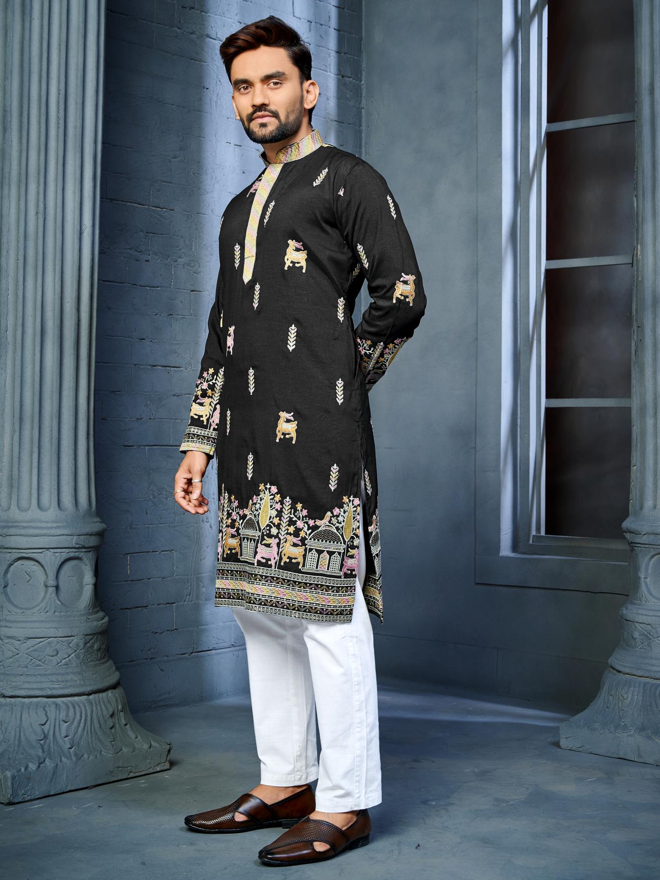 Black Silk Thread Embroidery Work Mens Kurta Pajama