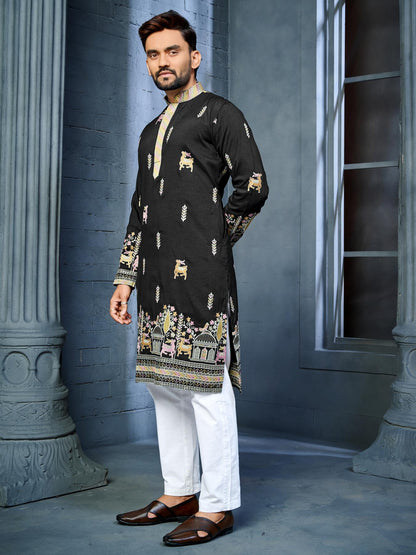 Black Silk Thread Embroidery Work Mens Kurta Pajama