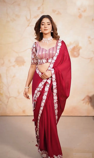 Red Sequin Saree Look