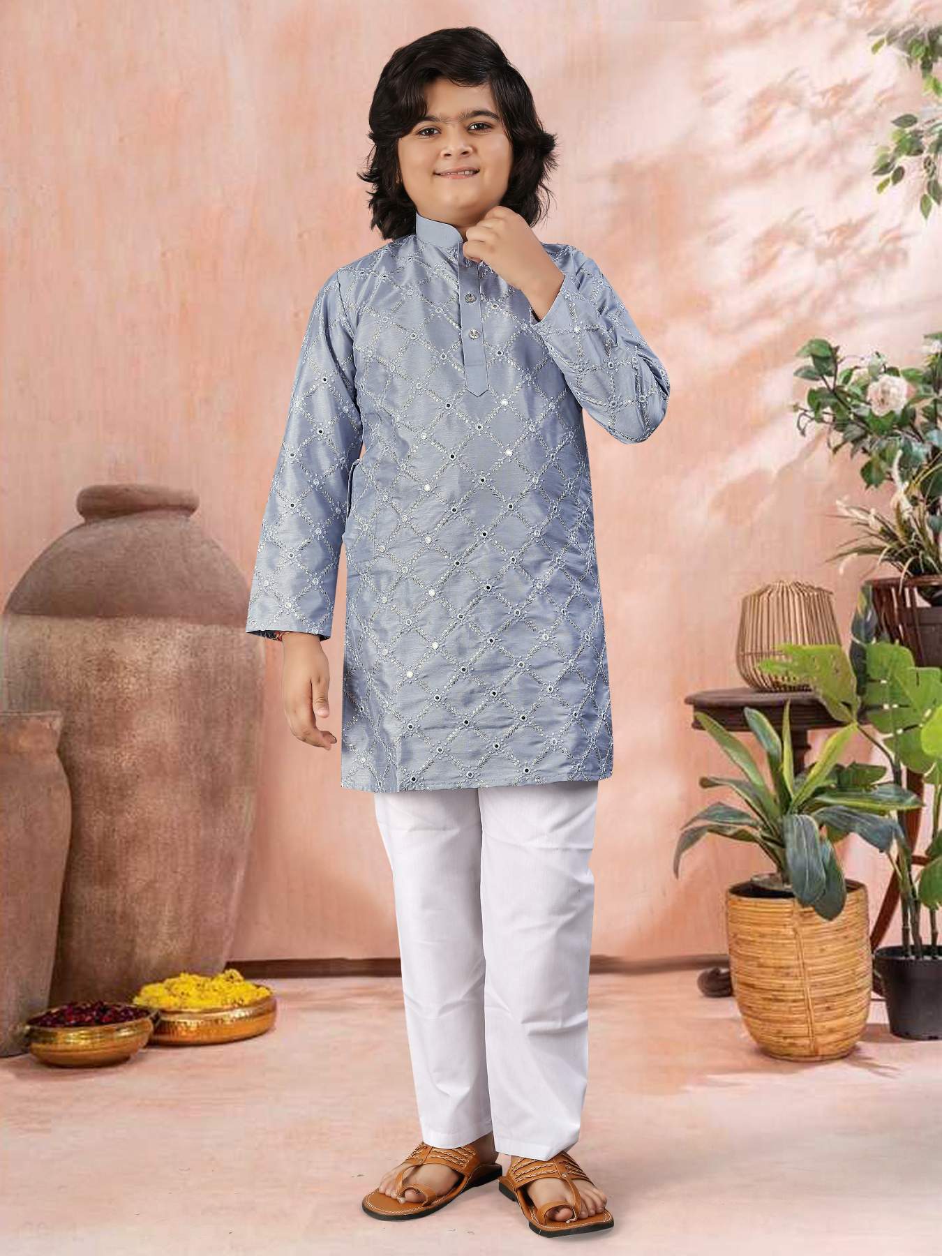Grey color soft silk kurta pajama